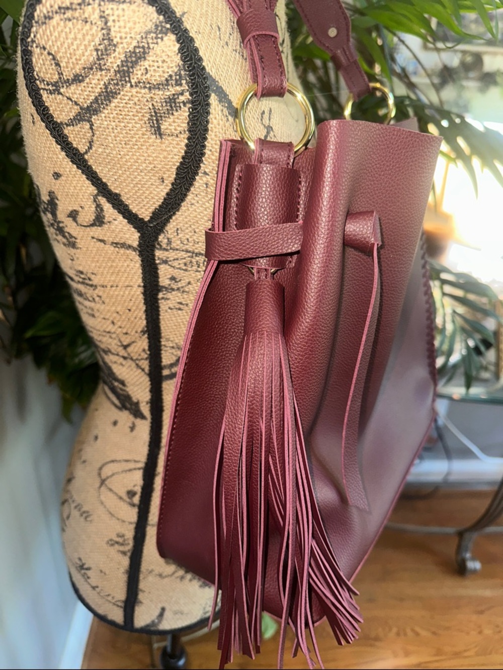 Fringed Tassel Wine-Red Shoulder Tote with Gold Plaque Katie LOXTON NWOT